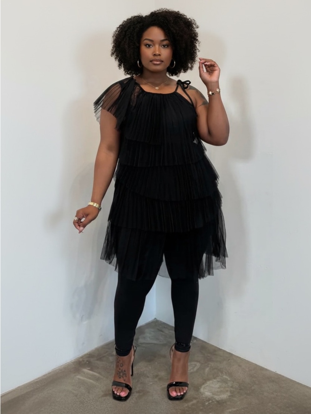 Black Tiered Pleated Top with Tie Shoulder